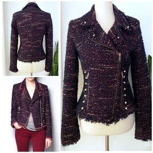 Zara Studs Tweed Bouclé Blazer Moto Jacket S​​​​​